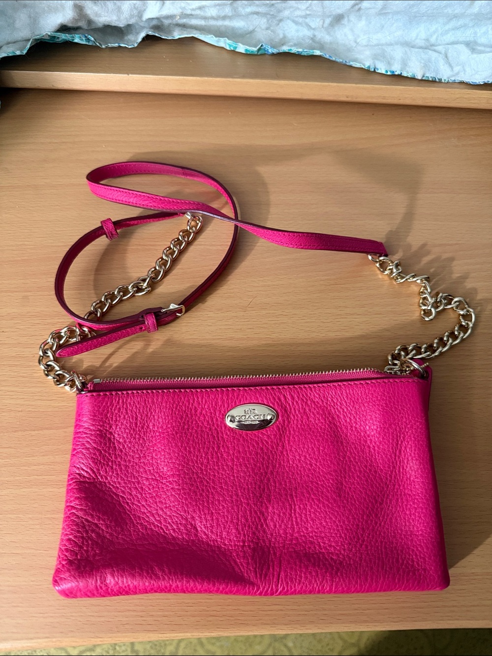 Coach Hot Pink Pebbled Leather Crossbody with Gold Chain